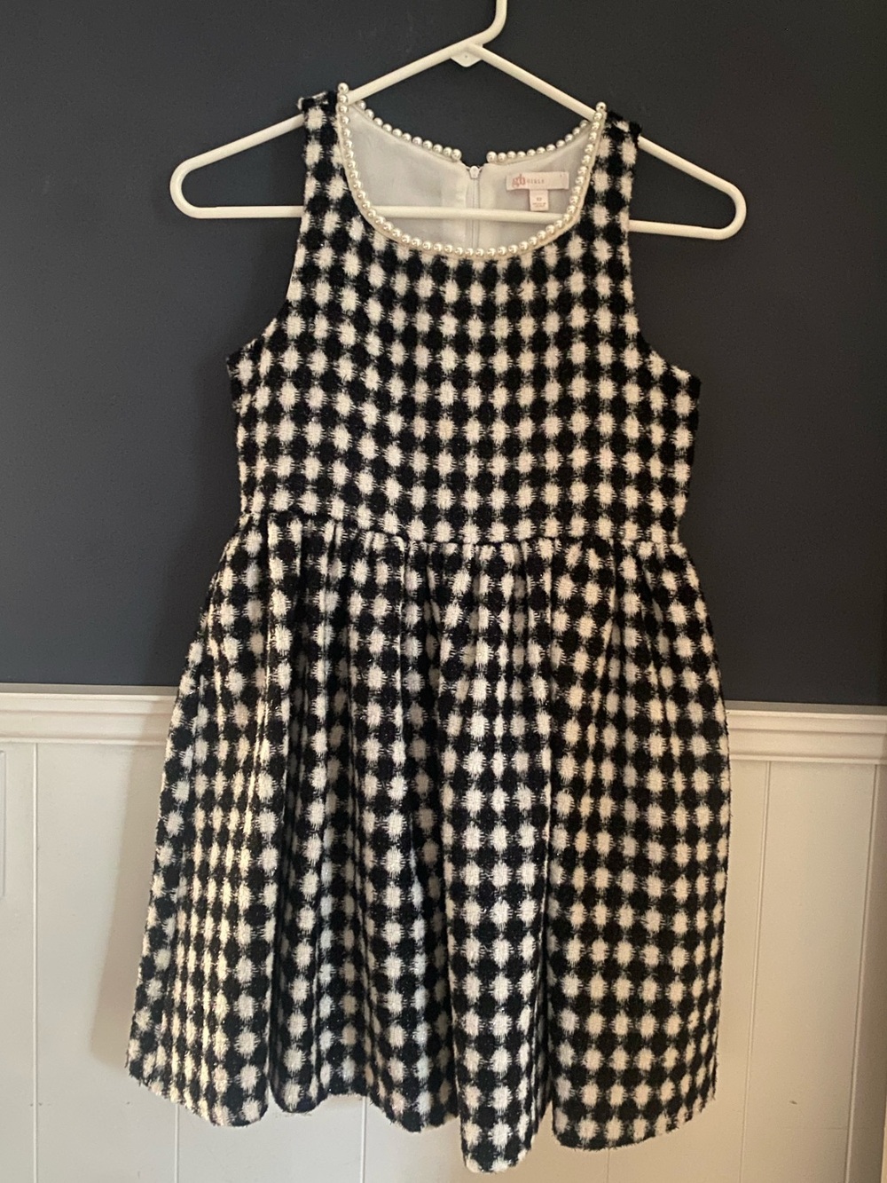GB Girls Size 12 Dress Tweed Black White Check Pearl Neck Special Occasion